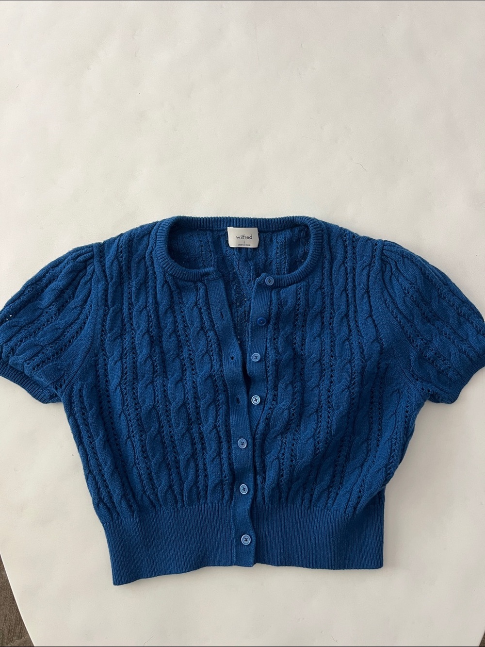 Wilfred Fey Cardigan Merino Wool and Cotton Short Sleeve Ultramarine Blue S $98 - Picture 2 of 8